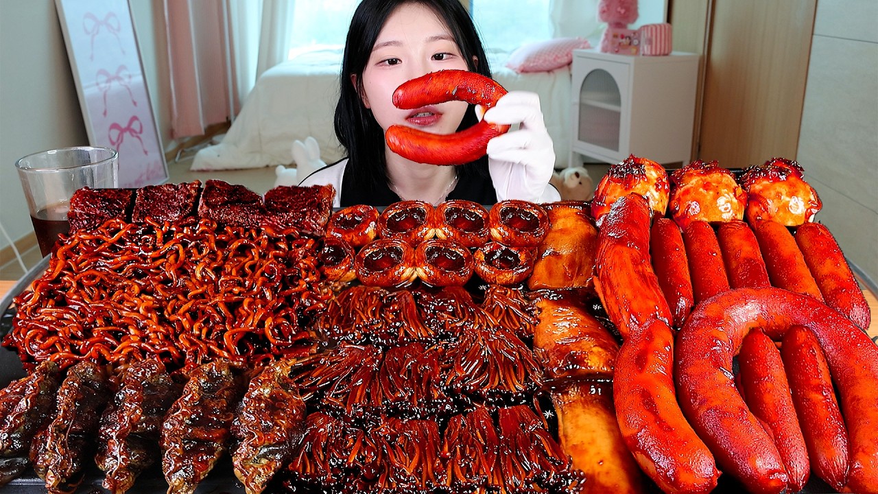 ASMR MUKBANG| 직접 만든 불닭 짜장 버섯 양념치킨 소세지 만두 먹방 & 레시피 SPICY MUSHROOMS AND FIRE NOODLES EATING