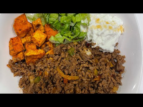 Cook with me: Sweet Potato Beef Bowl with Hot Honey Sauce #highprotein #dinner #recipe #healthy #fyp