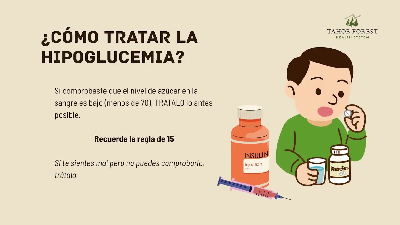 Diapositiva en español sobre la hipoglucemia con un hombre animado, pastillas, una botella de insulina y una aguja