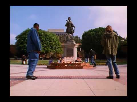 Trailer collage with protest signage, nighttime quad, and club stage; mapping music styles to spaces