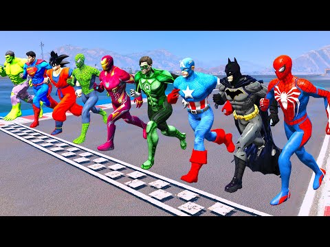 TEAM SPIDERMAN RUNNING Challenge On Sky Ramp, TEAM Superheroes RACING Motorbikes Competition - GTA 5