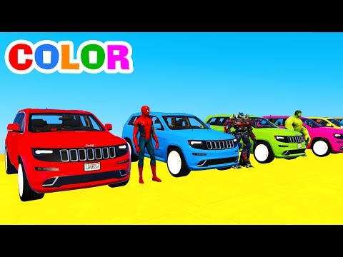 Learn COLORS w SUV CARS Transportation in Spiderman Cartoon Superheroes for Kids and Color Bus Video