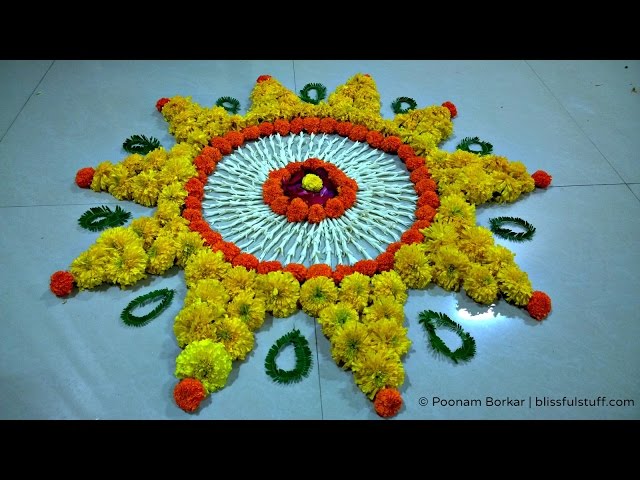 Diwali special rangoli design with marigold flowers i by poonam borkar