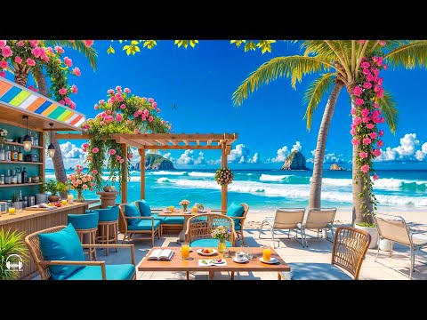 Positive Jazz at Seaside Coffee Shop Ambience ☕Summer Bossa Nova Music & Crashing Waves for Chillout
