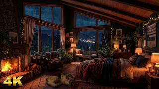 Cozy Bedroom Loft in the Rain | Crackling Hearth Fire | Sleeping Pets & Mountain View 🌧️🐾