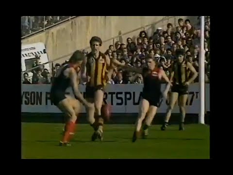 Big hip & shoulder by Melbourne's Rod Grinter on Hawthorn's Chris Mew in the 1987 PF - VFL