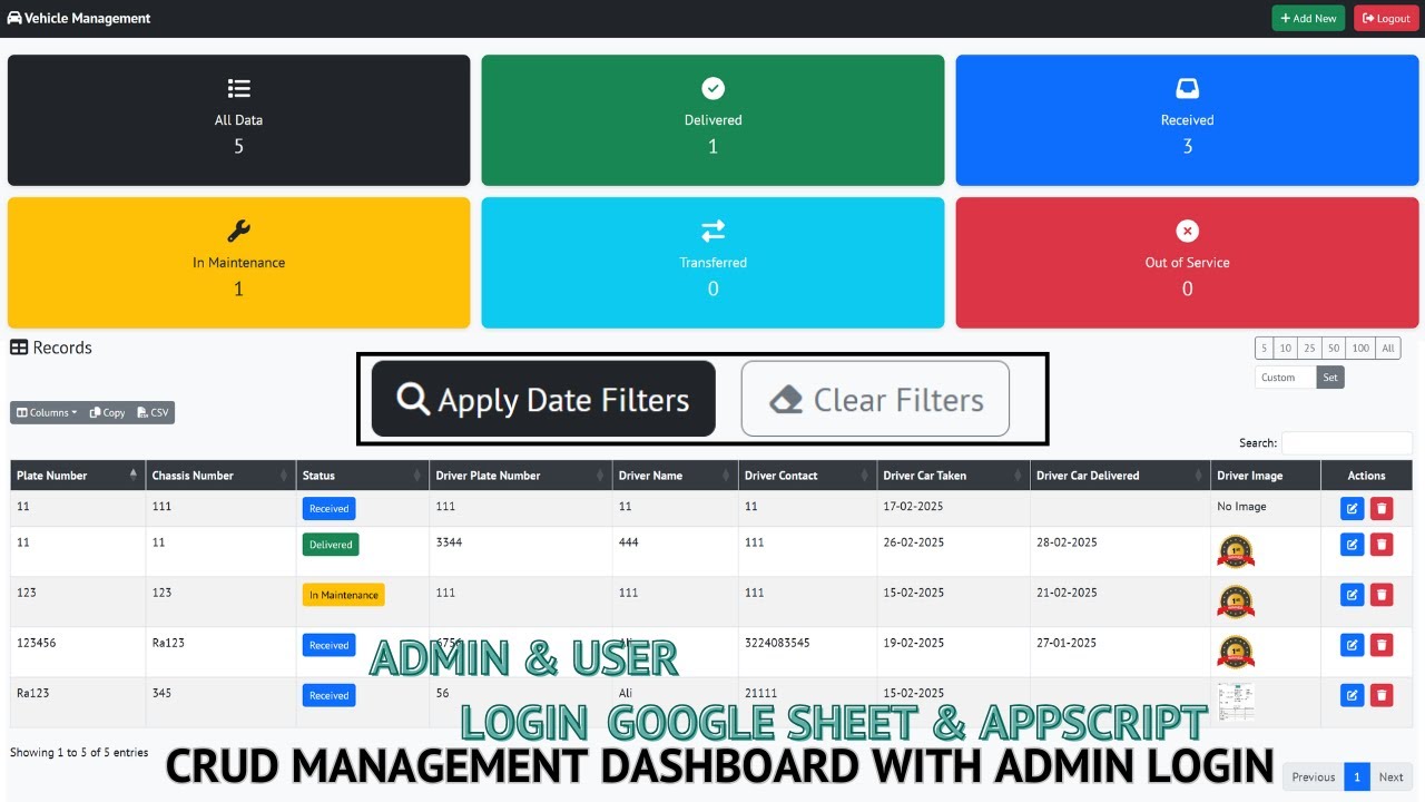Vehicle Management System Using Google Sheets & Apps Script | Crud Web App Dashbaord | C31