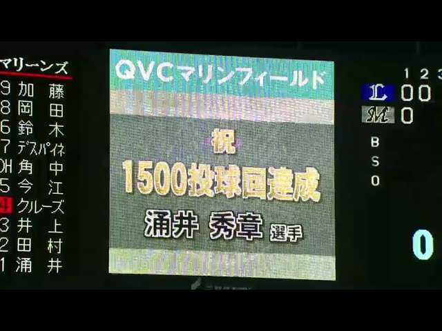 【2回表】マリーンズ・涌井 1500投球回達成!! 2014/9/9 M-L