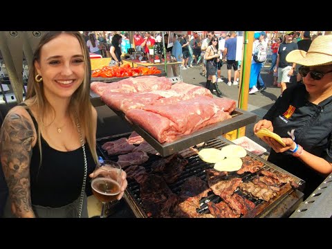 Street Food in Barcelona, Spain. Grilling and Cutting Hanger Steaks. 'Arrachera'. Meat&Fire Fest