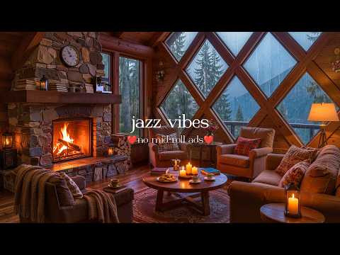 (NO ADS)  Soothing Rainy Jazz Café ☕ Gentle Piano, Rain & Fireplace Sounds for Work & Study