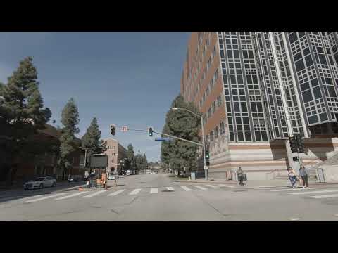 Driving around UCLA campus In Westwood Village Los Angeles on a Sunday morning