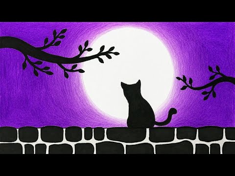 Easy Cat Moonlight Scenery Drawing | How to Draw Simple Scenery of alone cat in the moonlight
