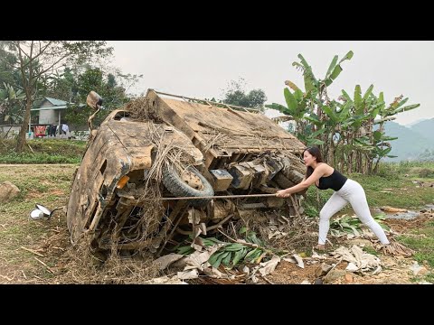 The girl rescued and repaired the overturned, abandoned car, and restarted it
