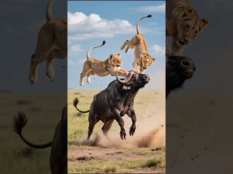 Buffalo Father’s Fury: Lion Flies for Attacking His Calf! #buffaloattacks #lionattacks #gohunt