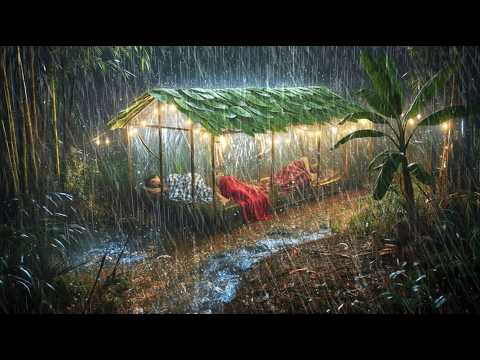 CAMPING IN HEAVY RAIN CRAZIEST THUNDERSTORM // STRUGGLE TO BUILD BAMBOO SHELTER WITH CATS