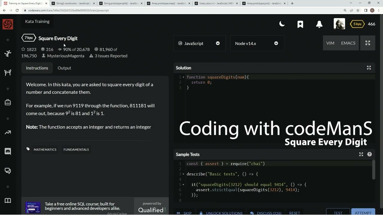 Codewars 7 kyu Square Every Digit JavaScript