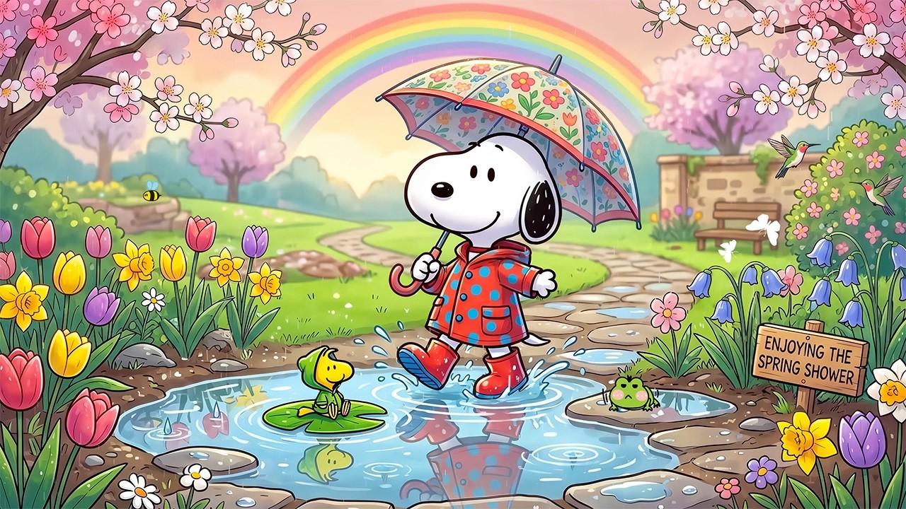 Snoopy's Cozy Spring Rain ☔ Soothing Jazz to Calm Your Mind 🌸️ Background Music for Focus