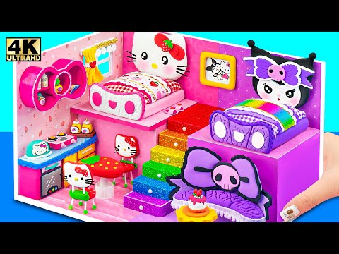 Make Hello Kitty House with Two Bedroom, Purple Room for Kuromi from Cardboard - DIY Miniature House