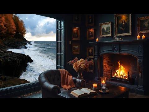Cozy Coastal Escape | Autumn Seaside Ambience | 4+ Hrs Crashing Waves & Crackling Fire by the Ocean