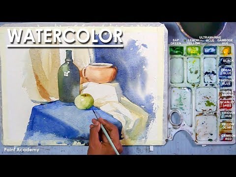 Watercolor Still Life Painting Utensils Fruit in a Drappery