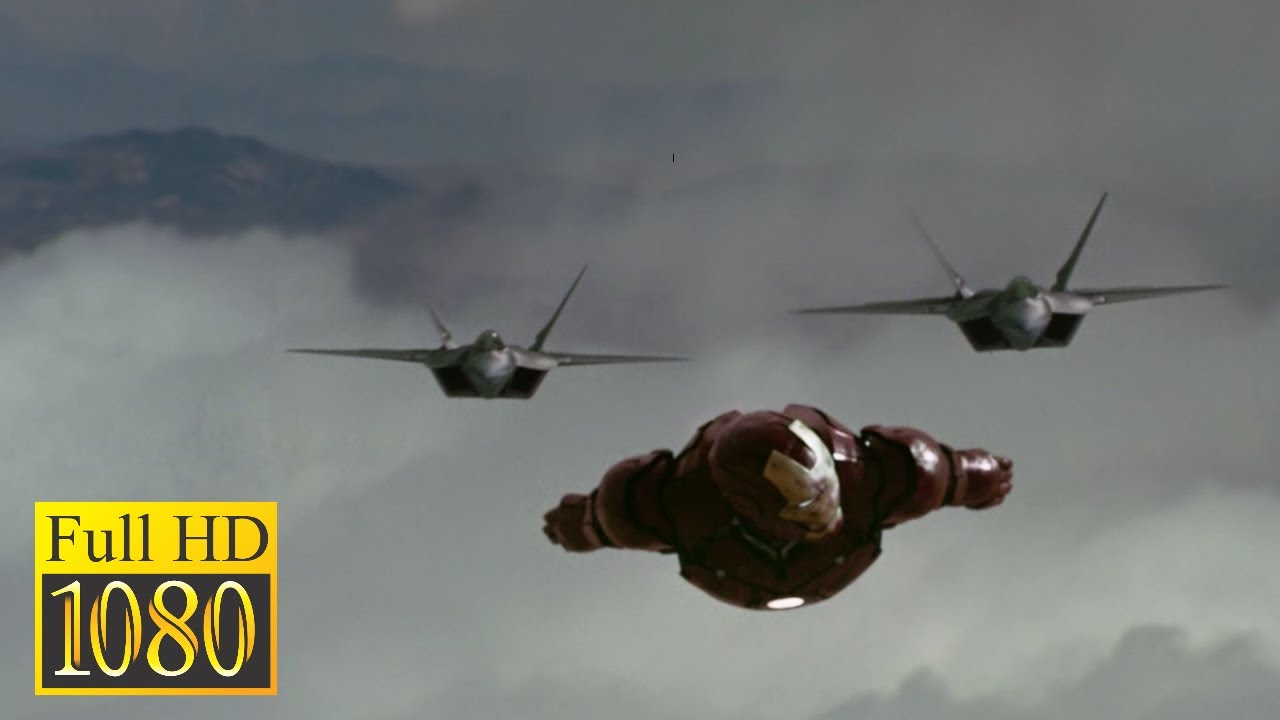 Tony Stark vs Two F-22 Raptor Fighters in the movie IRON MAN (2008)