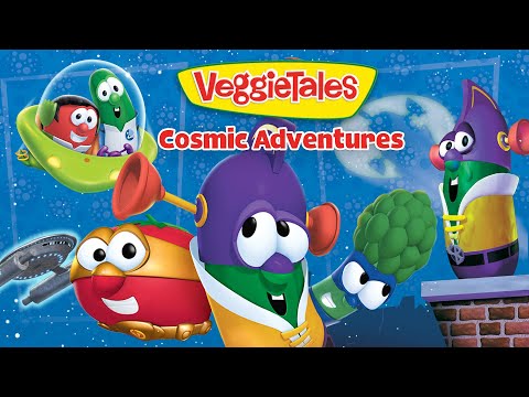 VeggieTales: Cosmic Adventures cover featuring colorful veggie characters in a space-themed scene with a rocket and moon in the background.