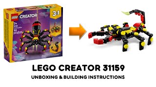 YouTube thumbnail: SCORPION Lego creator 31159 ideas Unboxing and Building instructions