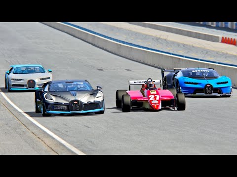Ferrari F1 1982 vs Bugatti Divo, Chiron, Vision GT - Laguna Seca