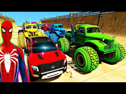 SPIDERMAN CARS MARIO Ramp JUMP Challenge ! SUPERHERO HULK IronMan Trevor and Friends Stunt - GTA V