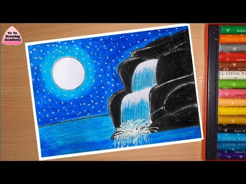 How to draw Moonlight Waterfall Scenery with Oil Pastels   Step by Step