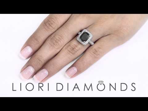 BDR-163 - 4.35 Carat Cushion Cut Black Diamond Engagement Ring 18k Pave Halo Vintage Style