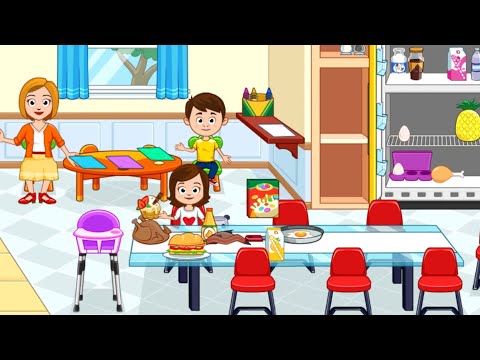 My Town - Play Doll Home Game playing in the kitchen having dinner