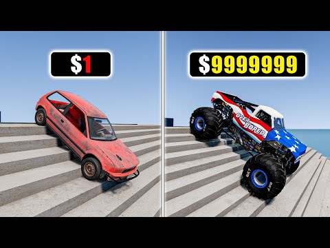 $1 vs $1,000,000丨Cars VS Stairs VS Roller Coaster Bridge VS SpeedBump #12 - BeamNG.Drive Challenge