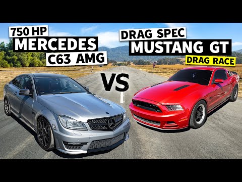 750hp C63 AMG drag races Twin Turbo Mustang on Big Slicks