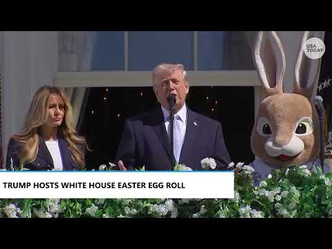 Donald Trump, flanked by Melania Trump & the Easter Bunny, talks Iran war, egg prices at White House