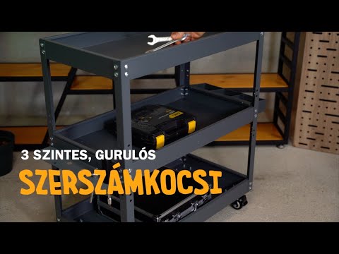 Szerszámkocsi, műhelykocsi 3 szintes gurulós, matt szürke - Videó