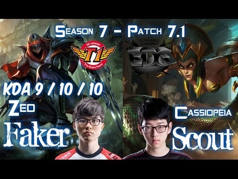 SKT T1 Faker ZED vs EDG Scout CASSIOPEIA Mid - Patch 7.1 KR Ranked