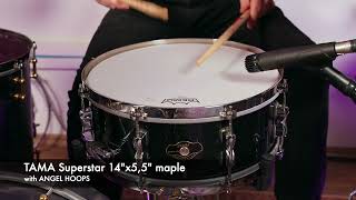 Video thumbnail for ANGEL HOOPS comparison test / TAMA Superstar 14"x5,5" maple snare drum by Angel Drums