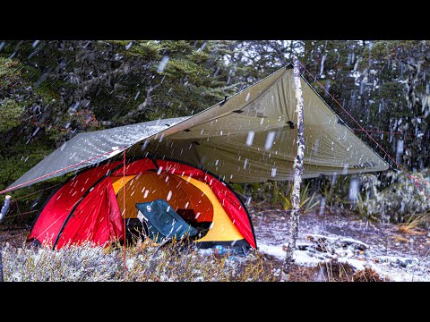 CAMPING in SNOW - Freezing Rain Storm - Tent Camping in the Rain