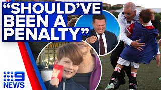 Schoolboy’s hilarious response to PM Scott Morrison’s on-field tackle | 9 News Australia