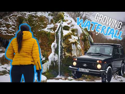 Driving Through the Snow with Lada Niva to Really Special Growing Waterfall!