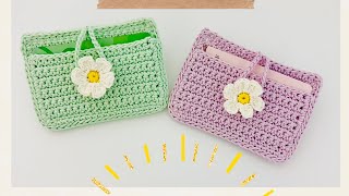 かぎ針編み　初心者向け　かわいいお花付きのカードケースの編み方
