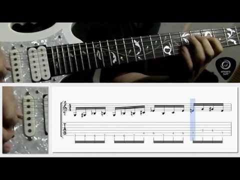 Yngwie Malmsteen style economy-picked run (G# harmonic/natural minor scales) w/ animated tab