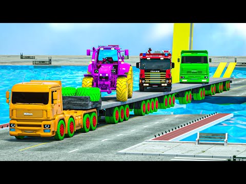 Big long Kamaz, Fire Truck, Tractor | The situation under the bridge | Fire Truck Cartoon for Kids
