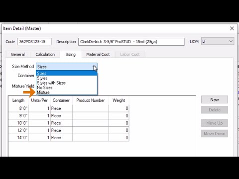 Quick Bid Item Detail Sizing Mixtures