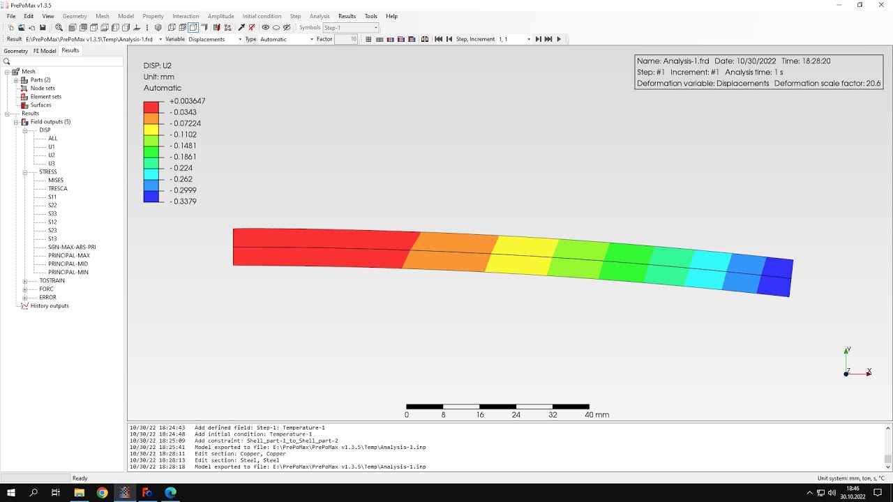 PrePoMax (CalculiX FEA) - Tutorial 27 - Mechanical analysis of a bimetallic strip under thermal load