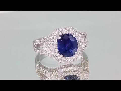 18K White Gold 4.01ctw Cornflower Blue Sapphire & Diamond Halo Ring Shreveport Sapphire Jewelry