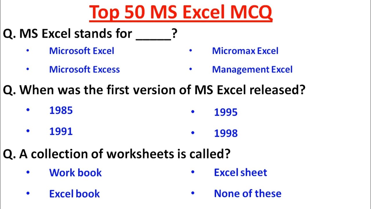 Top 50 MS Excel MCQ for all Competitive Exams | Microsoft Office | MS Excel mcq