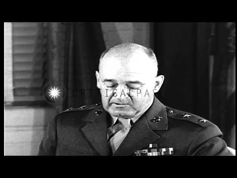 General Alexander Vandegrift, Commander, 1st Marine Division, praises all service...HD Stock Footage