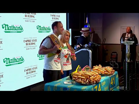 Eleven-time men's champion Joey Chestnut and and five time women's champion, Miki Sudo weighed-in for the annual Nathan's Famous International Fourth of July hot dog-eating contest. (July 3)